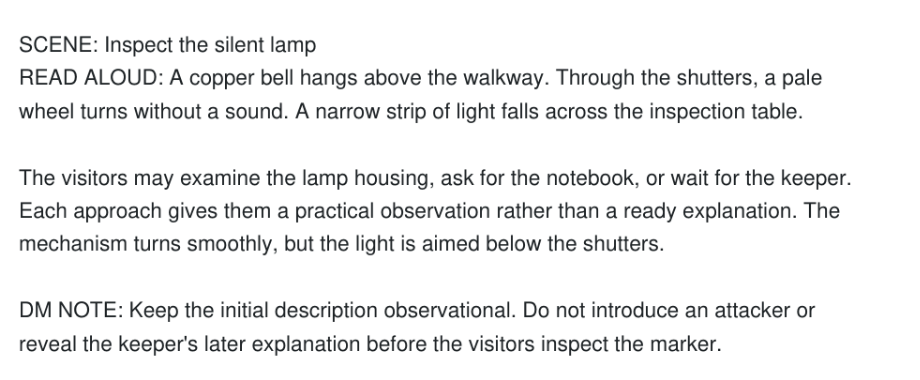 Detail of the original fictional source page, containing scene text and a DM note.