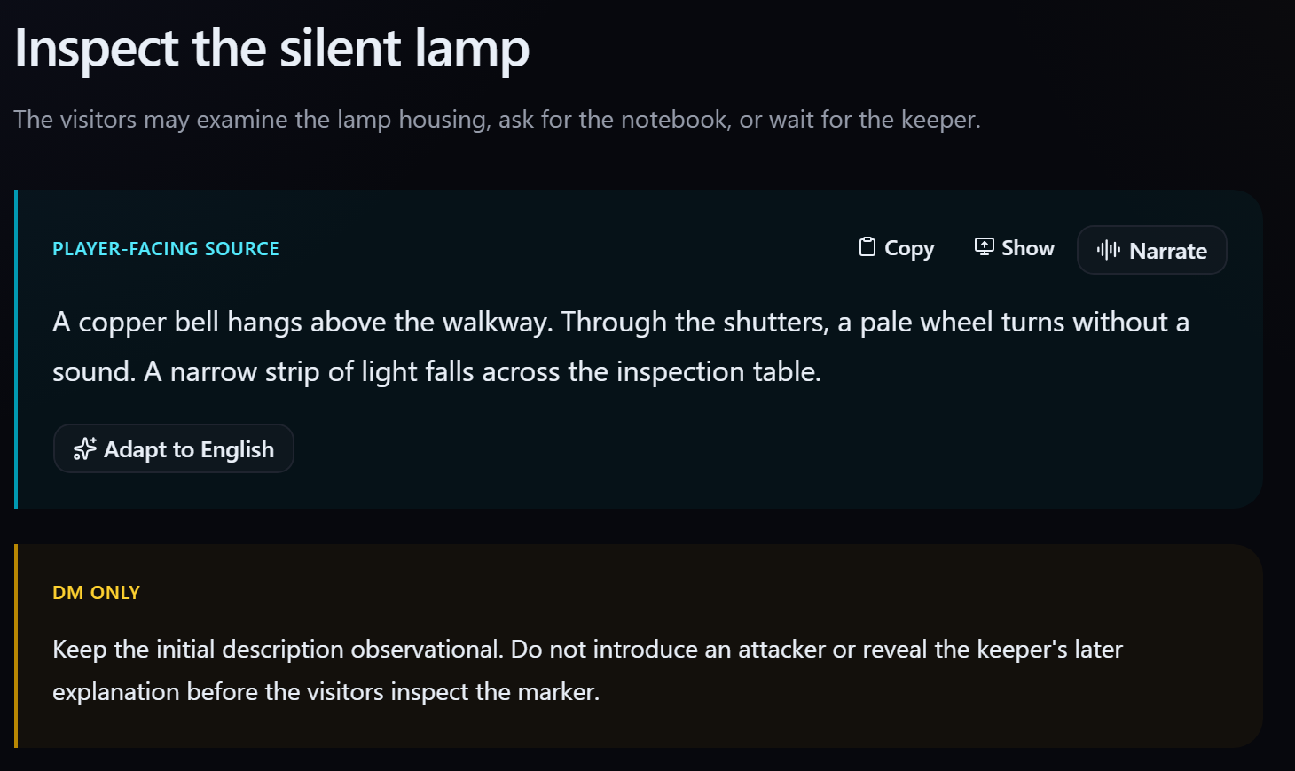 Detail from Run, with player-facing scene text and separately labeled DM-only guidance.